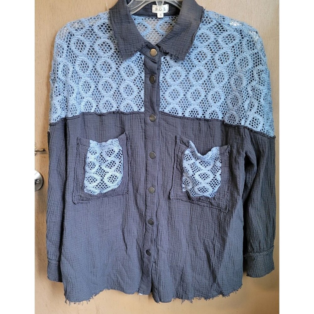 POL Oversize Open Knit Lightweight Blue Gray Shirt S